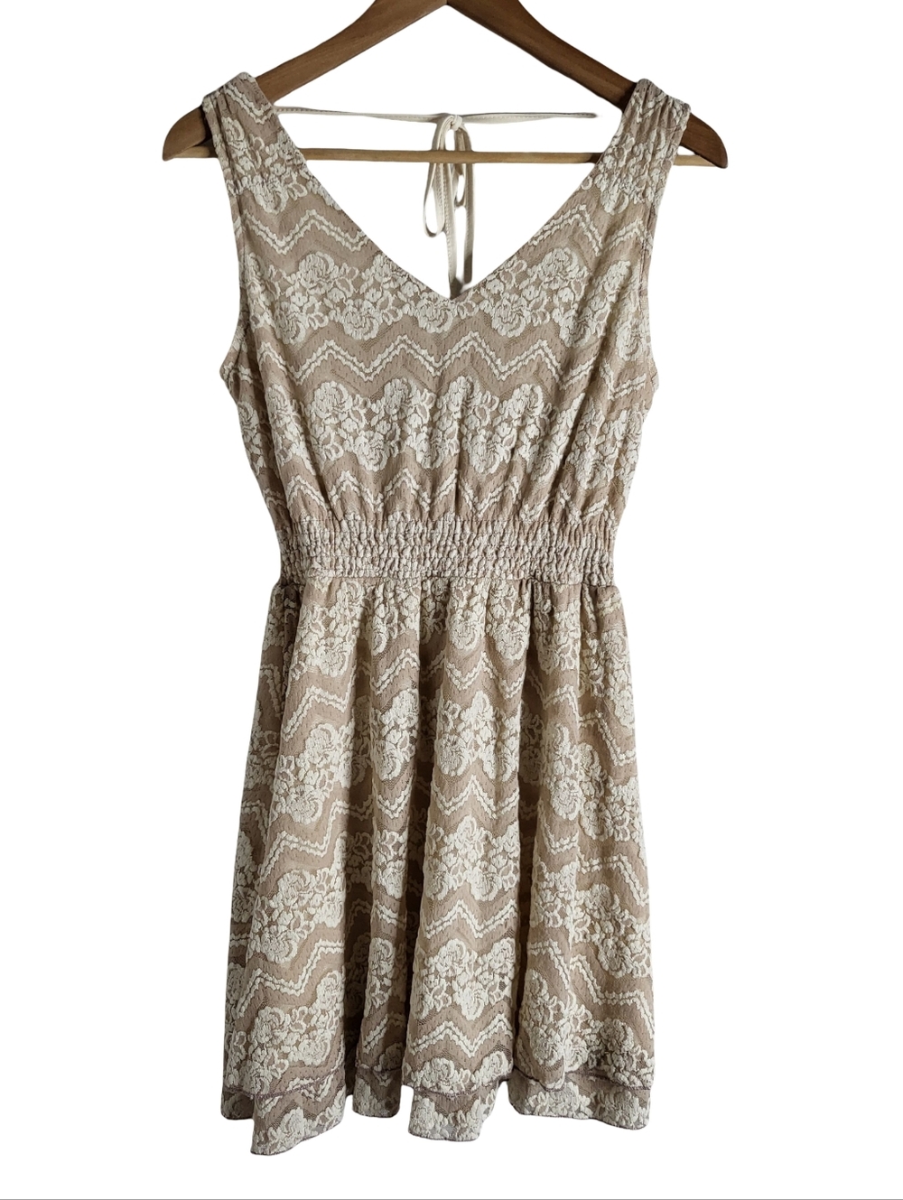American Rag Beige and White Lace-Pattern Mini Dress